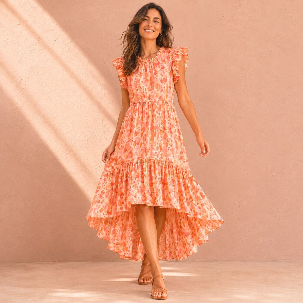 Karlie Ruffle High Low Dress Women’s Small Pink Orange Floral NWOT